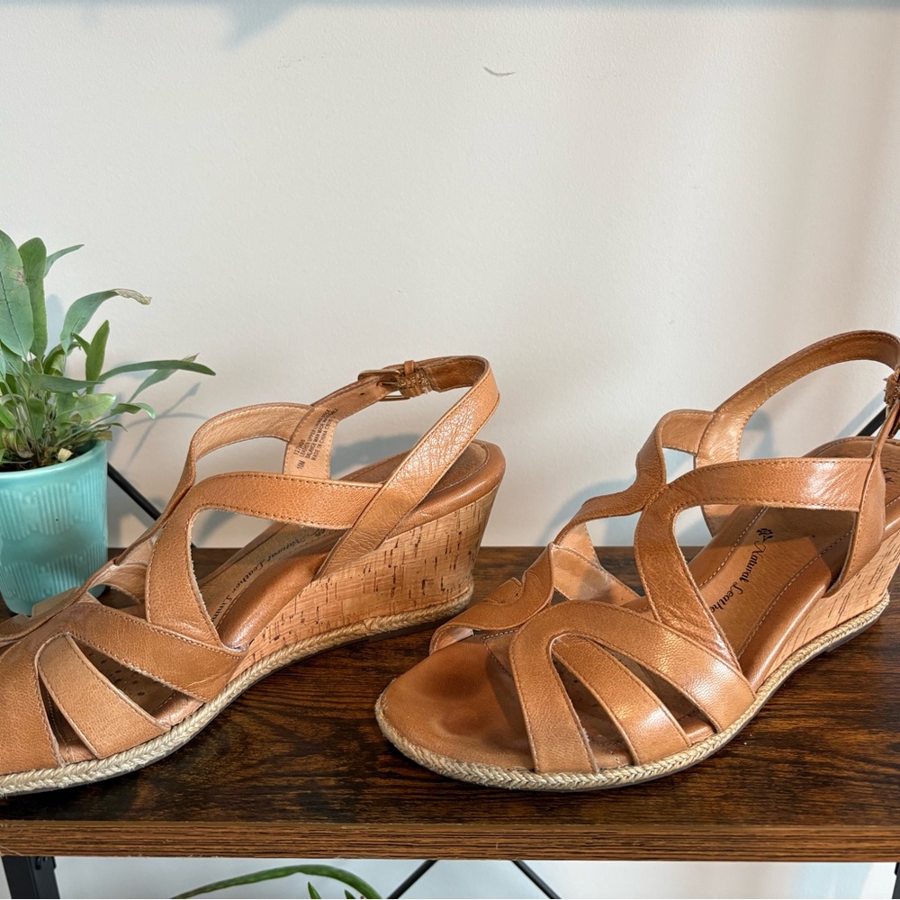 Sofft Tan Leather Wedge Sandals